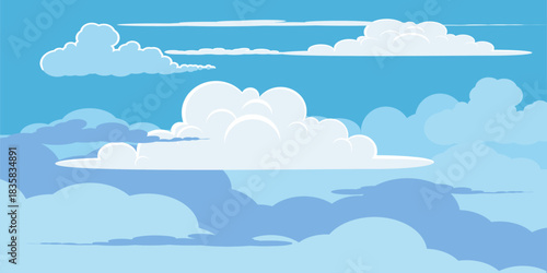 Illustration of a blue sky with white clouds in a flat style. Blue sky background and white clouds. Cartoon sky	