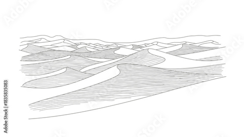 Serene desert landscape with rolling sand dunes, graphic black lines on white, minimalist design concept, peaceful nature scene, monochrome art print texture