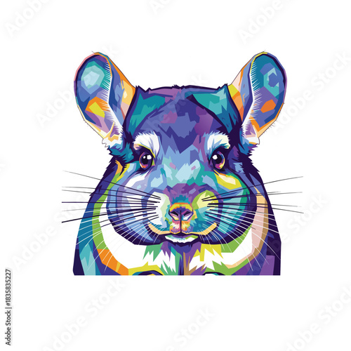 Vibrant and colorful pop art portrait of a cute chinchilla head. Modern geometric abstract vector illustration of a small rodent with big ears