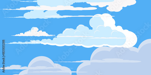 Illustration of a blue sky with white clouds in a flat style. Blue sky background and white clouds. Cartoon sky