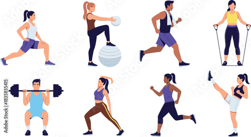 Set of fitness workout characters performing running stretching weightlifting resistance training and exercise poses in active vector illustration