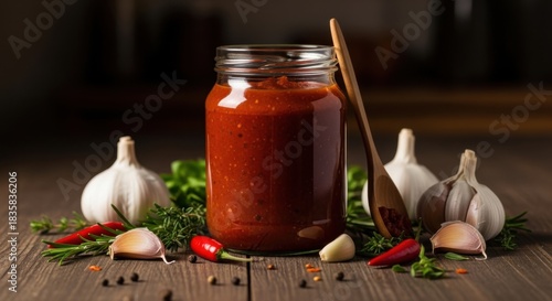 Wallpaper Mural A spicy tomato sauce in a jar with garlic and chili peppers on a wooden table Torontodigital.ca