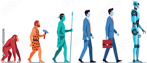 Set of human evolution from ape to caveman to modern businessman and advanced robot representing technology progress vector illustration