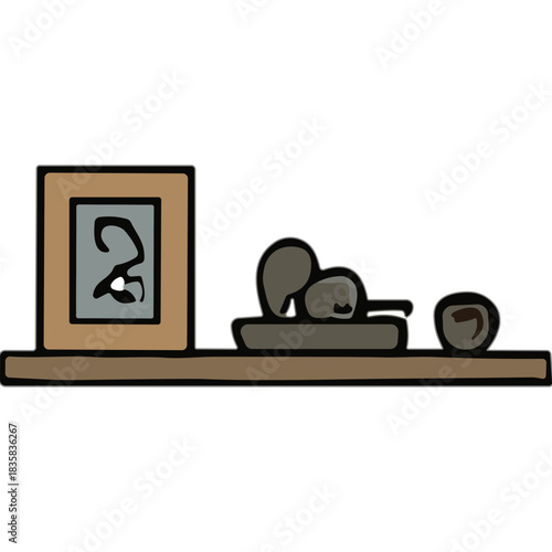 Simple Sketch of Fruits and a Framed Picture on a Shelf with a Black Background