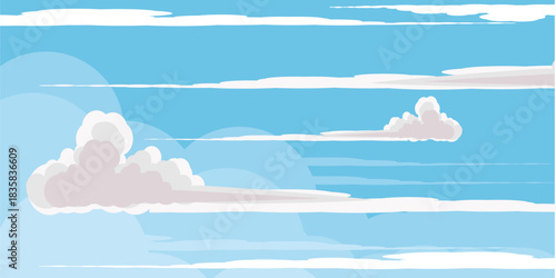 Illustration of a blue sky with white clouds in a flat style. Blue sky background and white clouds. Cartoon sky