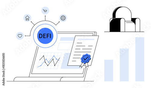 Decentralized finance. Laptop showing decentralized finance options with certification and analytics chart. Decentralized finance enabling blockchain, smart contracts, and investments. For fintech
