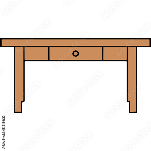 Simple wooden desk with three drawers and a round knob on the center drawer with four sturdy legs in a plain brown color against a black background