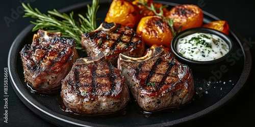 Plate with four grilled lamb chops with grill marks, roasted yellow cherry tomatoes, a small bowl of creamy herb sauce, and fresh rosemary on a black plate