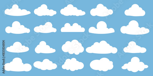 set of vector illustrations of clumpy clouds, cloud bubbles in flat style on a blue background