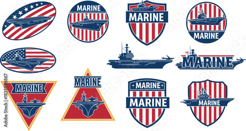 Set of marine navy badges featuring battleships patriotic stripes emblems and military labels in bold vintage vector design