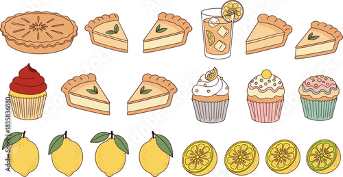 Set of lemon themed desserts including pies cupcakes slices lemonade and fresh citrus fruits in cute colorful vector illustration