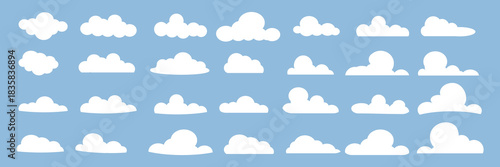 set of vector illustrations of clumpy clouds, cloud bubbles in flat style on a blue background