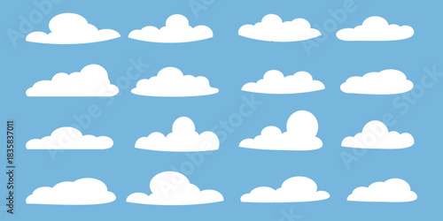 set of vector illustrations of clumpy clouds, cloud bubbles in flat style on a blue background
