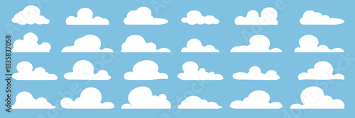 set of vector illustrations of clumpy clouds, cloud bubbles in flat style on a blue background