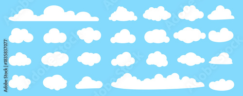 set of vector illustrations of clumpy clouds, cloud bubbles in flat style on a blue background