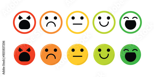 Customer Satisfaction Rating Scale. Set of Colorful Feedback Icons. Emojis Representing Different Emotions from Angry to Happy. User Experience, Survey, and Review Concept Vector Illustration.