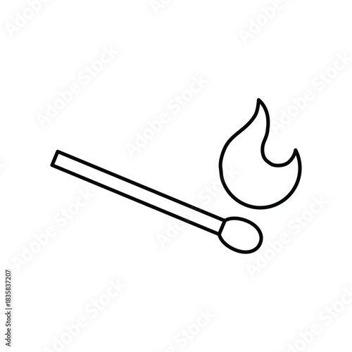 Burning Match Line Icon. Vector Illustration of a Wooden Matchstick with Flame. Minimalist Outline Symbol for Ignition, Fire, Flammability, and Safety Concepts.