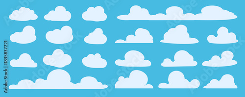 set of vector illustrations of clumpy clouds, cloud bubbles in flat style on a blue background
