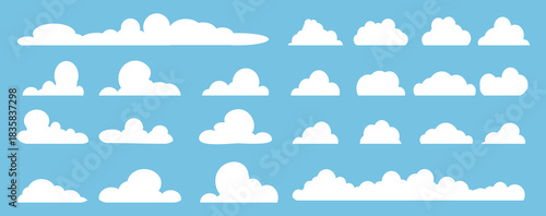 set of vector illustrations of clumpy clouds, cloud bubbles in flat style on a blue background
