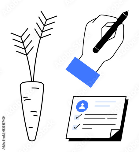 Carrot, hand holding pen, and checklist symbolize productivity, goal-setting, planning, healthy habits. Ideal for motivation, health, personal development organization education rewards