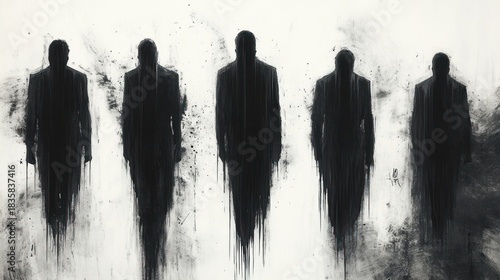 Five shadowy black silhouettes of men in suits standing against a white and gray textured background with dripping paint effects evoking mystery and anonymity