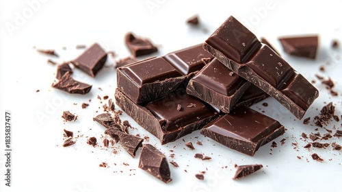 Close-up of broken dark chocolate pieces scattered on white surface evoking a rich and indulgent mood