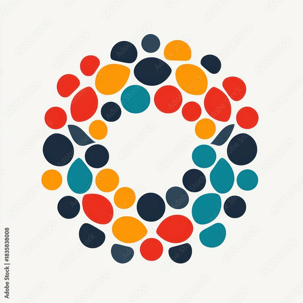 Fototapeta premium Abstract circle composed of variously sized and colored rounded shapes in red, orange, teal, navy blue, and dark gray on white background