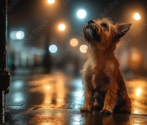 Fototapeta Naklejka Na Ścianę i Meble -  small dog sitting on wet pavement at night with blurred colorful street lights in the background looking upwards with curious expression