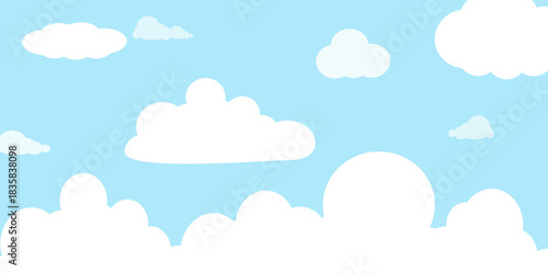 Illustration of a blue sky with white clouds in a flat style. Blue sky background and white clouds. Cartoon sky