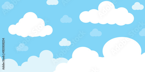 Illustration of a blue sky with white clouds in a flat style. Blue sky background and white clouds. Cartoon sky	