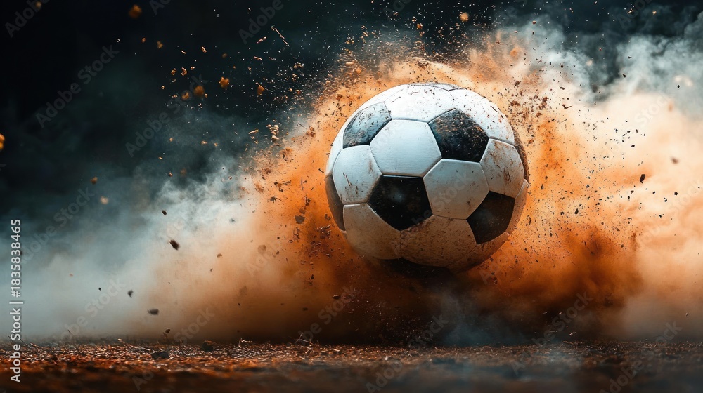 Fototapeta premium Close-up of a soccer ball hitting the ground with dirt and dust exploding dramatically around it in motion