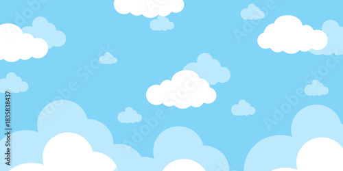 Illustration of a blue sky with white clouds in a flat style. Blue sky background and white clouds. Cartoon sky	