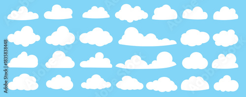 set of vector illustrations of clumpy clouds, cloud bubbles in flat style on a blue background	