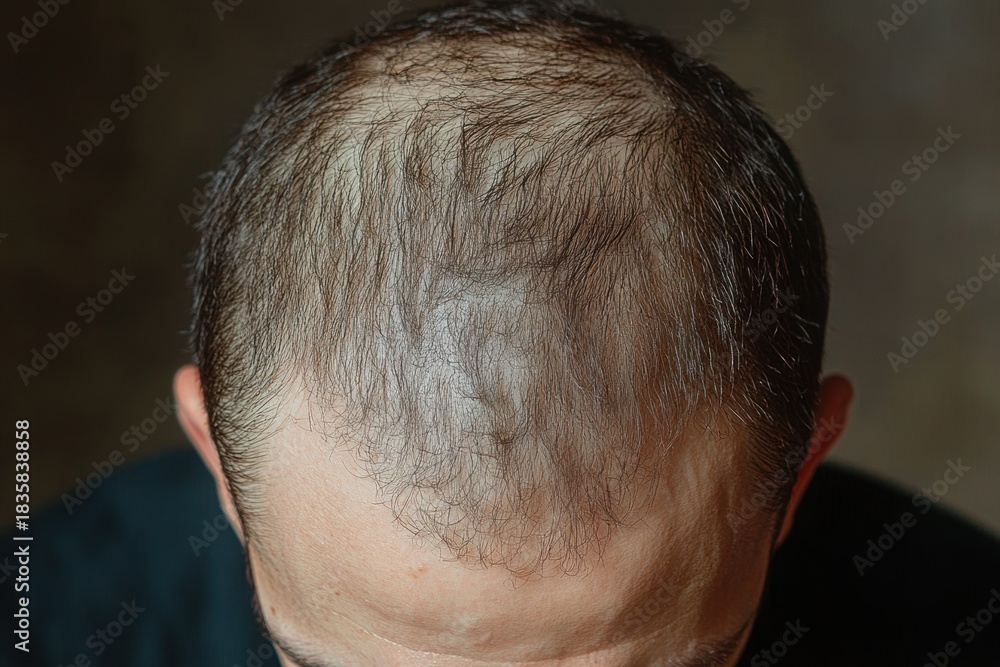 Fototapeta premium close-up of the top of a balding man's head with thinning hair and visible scalp under soft lighting