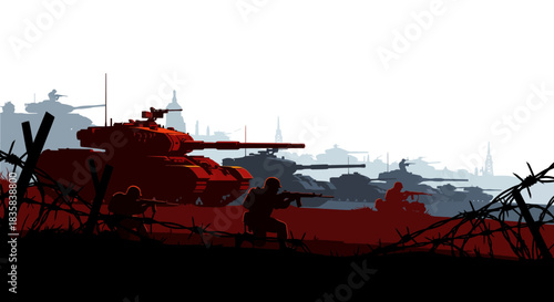 Illustration of soldiers and tanks in a war zone, red and black silhouettes.