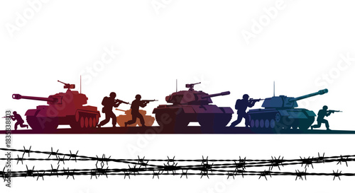Silhouette of tanks and soldiers in a war scene with barbed wire in the foreground.