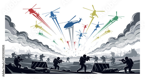 Stylized illustration of a modern battlefield with silhouetted soldiers and a squadron of colorful helicopters.