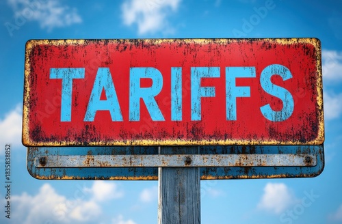 rusty red and blue metal sign with the word tariffs against a cloudy blue sky