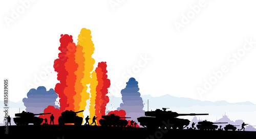 Silhouette of a military convoy with tanks and soldiers on a battlefield with a large, fiery explosion in the background.
