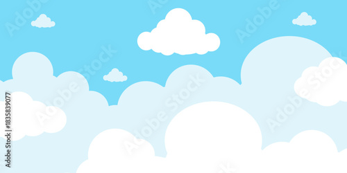 Illustration of a blue sky with white clouds in a flat style. Blue sky background and white clouds. Cartoon sky	