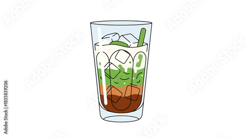 Refreshing Layered Cold Drink with Ice Cubes and Straw in Clear Glass Illustration dessert bowl hand drawn illustration outline es cendol indonesia drink