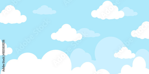 Illustration of a blue sky with white clouds in a flat style. Blue sky background and white clouds. Cartoon sky	