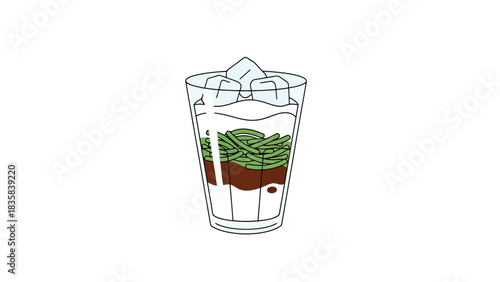 Refreshing Layered Beverage with Ice and Garnish in a Tall Glass Isolated on White dessert bowl hand drawn illustration outline es cendol indonesia food