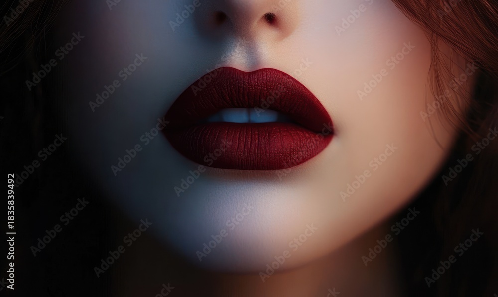 Obraz premium Close-up of a woman's face focusing on deep red matte lips with slightly parted mouth and smooth pale skin under soft lighting