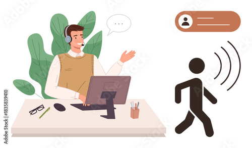 Man wearing a headset at desk engaging in virtual communication, visible chat bubble, and client icon. Ideal for customer support, online interaction, communication, tech support, help desk, remote