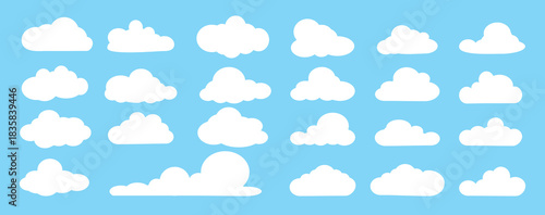 set of vector illustrations of clumpy clouds, cloud bubbles in flat style on a blue background	