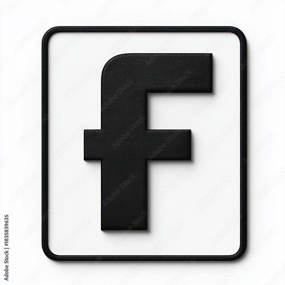 Obraz premium Three-dimensional black lowercase letter f centered inside a rounded square black outline on white background