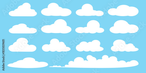 set of vector illustrations of clumpy clouds, cloud bubbles in flat style on a blue background
