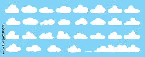 set of vector illustrations of clumpy clouds, cloud bubbles in flat style on a blue background