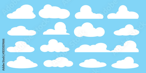 set of vector illustrations of clumpy clouds, cloud bubbles in flat style on a blue background